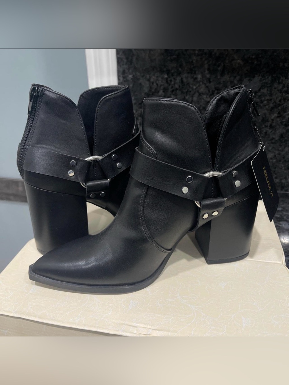 Forever 21 Black Pointed Toe Harness Ankle Boots